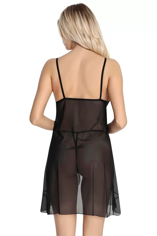 Luz&Pos Arias Closet Siyah Dantel İşlemeli Göğğüs İp Detaylı Fantezi Tül Gecelik