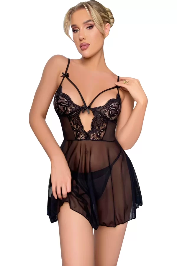 Luz&Pos Arias Closet Siyah Dantel İşlemeli Göğüs İp Detaylı Fantezi Tül Gecelik Takımı