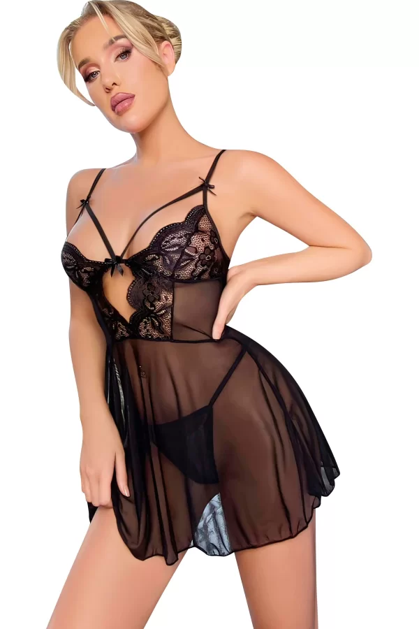 Luz&Pos Arias Closet Siyah Dantel İşlemeli Göğüs İp Detaylı Fantezi Tül Gecelik Takımı