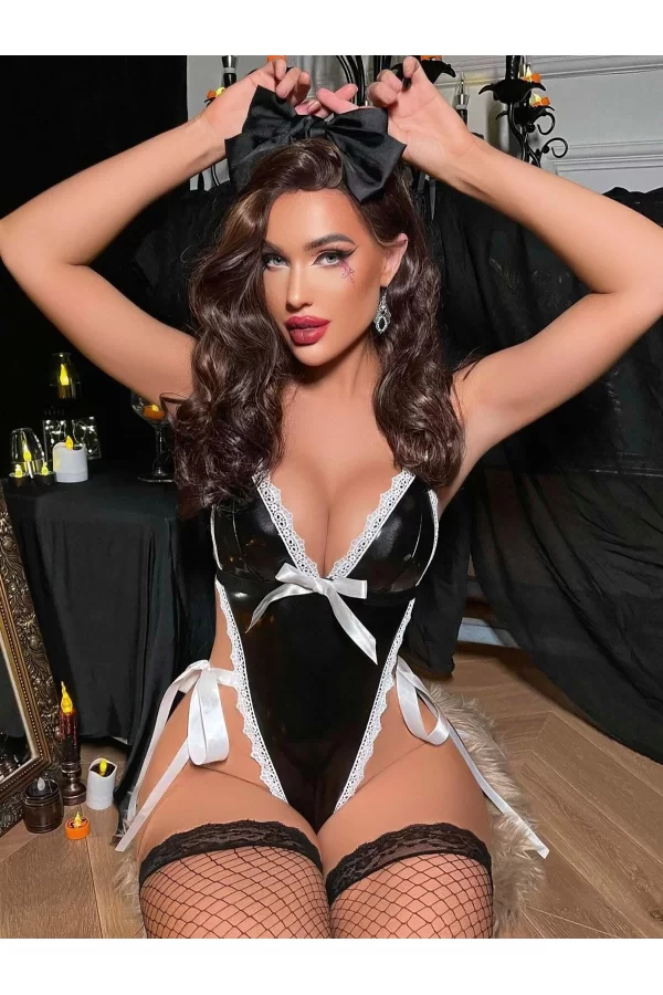 Luz&Pos Arias Closet Siyah Dantel İşlemeli İp Detaylı Fantezi Deri Body