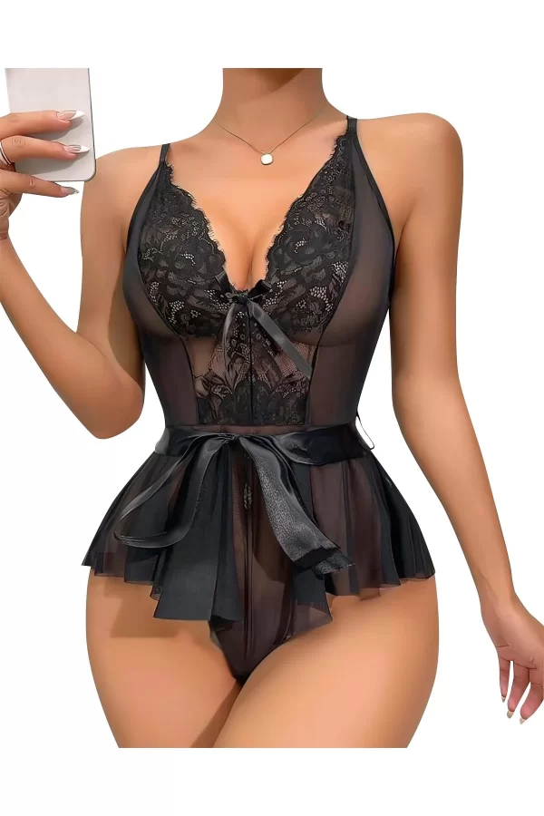 Luz&Pos Arias Closet Siyah Dantel İşlemeli Kurdelalı Fantezi Tül Babydoll