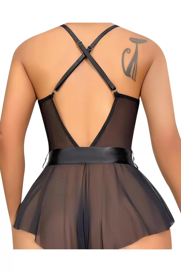 Luz&Pos Arias Closet Siyah Dantel İşlemeli Kurdelalı Fantezi Tül Babydoll