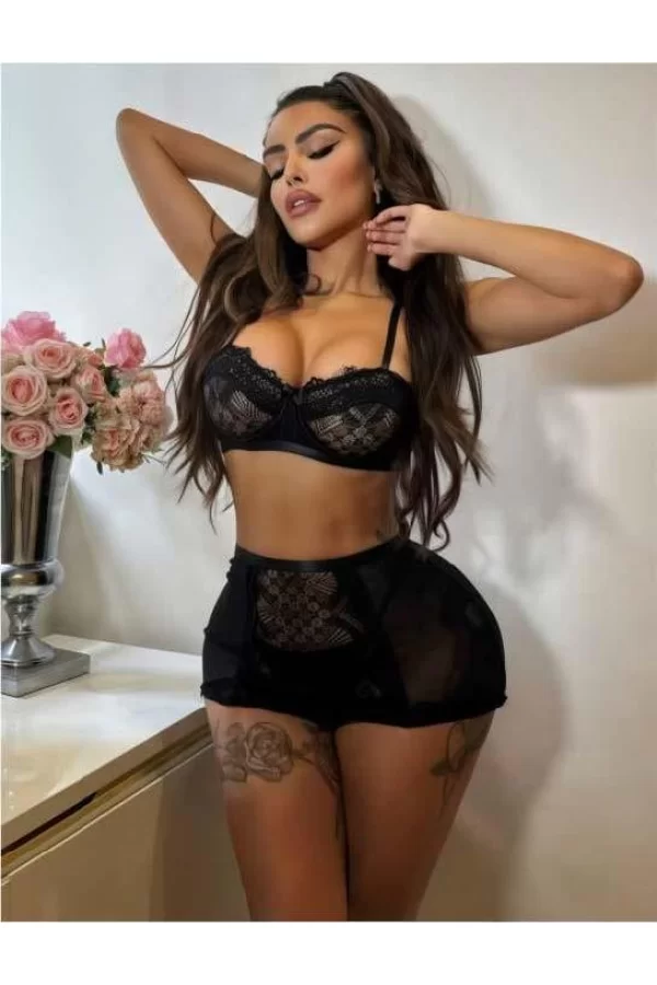 Luz&Pos Arias Closet Siyah Dantelli Etekli Fantezi Sütyen Jartiyer Takım