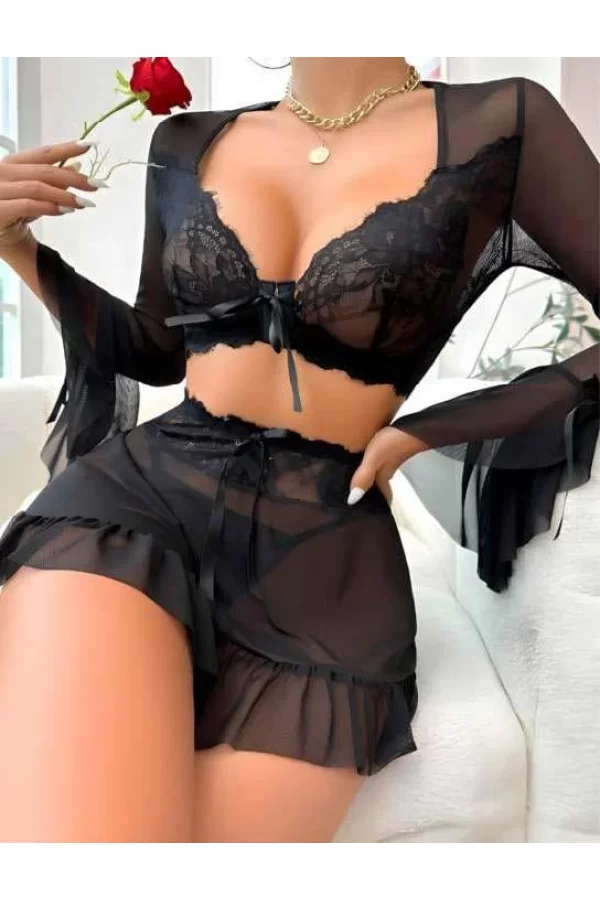 Luz&Pos Arias Closet Siyah Dantelli Etekli Fantezi Tül Bolero Sütyen Takım