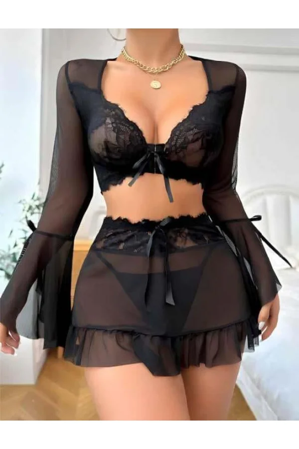 Luz&Pos Arias Closet Siyah Dantelli Etekli Fantezi Tül Bolero Sütyen Takım