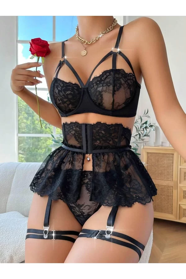 Luz&Pos Arias Closet Siyah Dantelli Göğüs İp Detaylı Fantezi Jartiyer Takımı