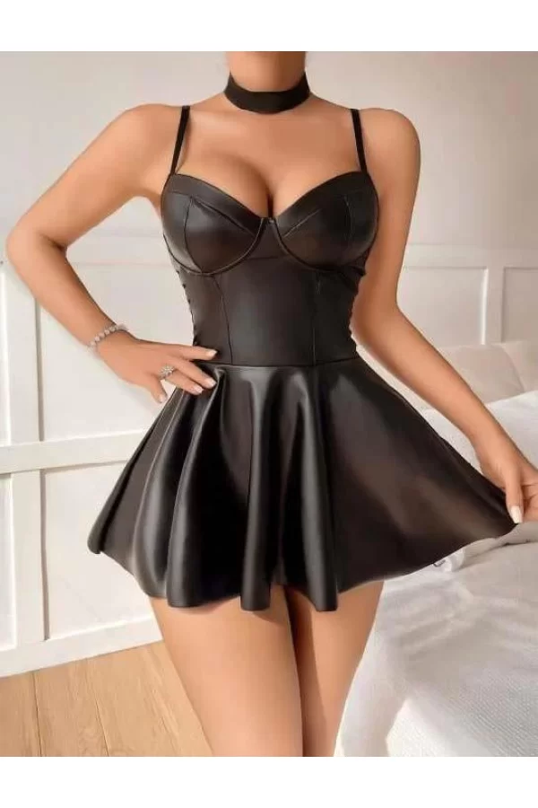 Luz&Pos Arias Closet Siyah Etekli Pileli Fantezi Deri Elbise