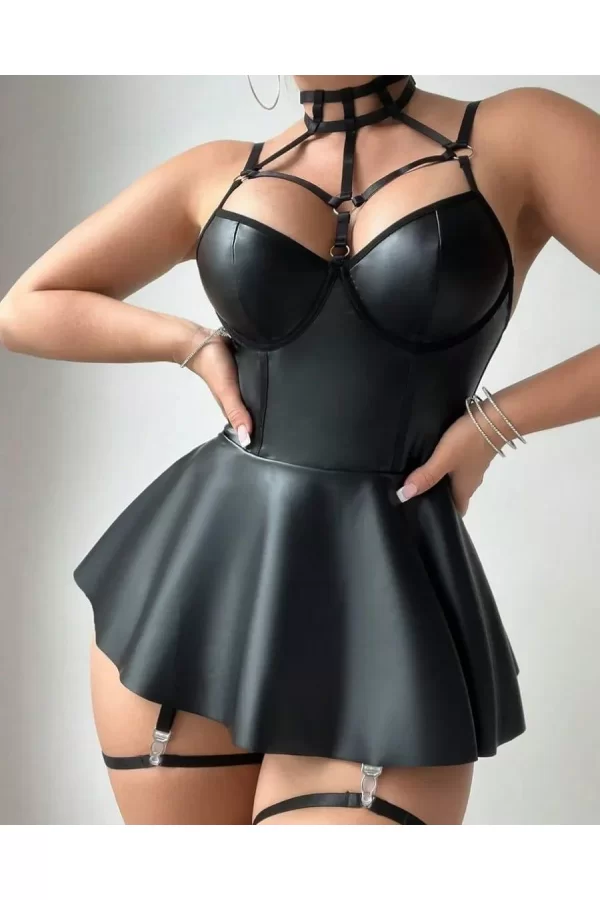 Luz&Pos Arias Closet Siyah Fantezi Parlak Deri Şık Club Elbise
