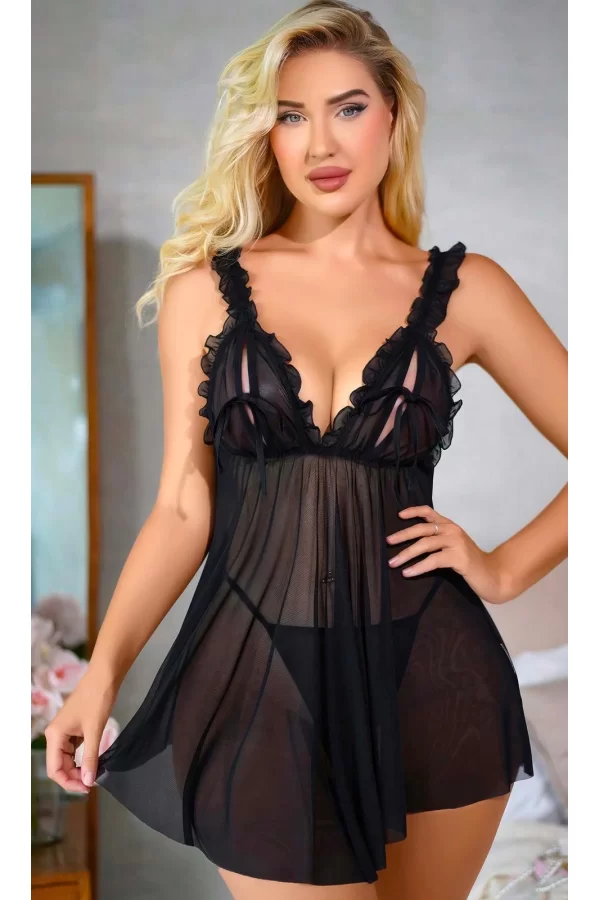Luz&Pos Arias Closet Siyah Fırfırlı Göğüs Dekolteli Transparan Fantezi Tül Gecelik