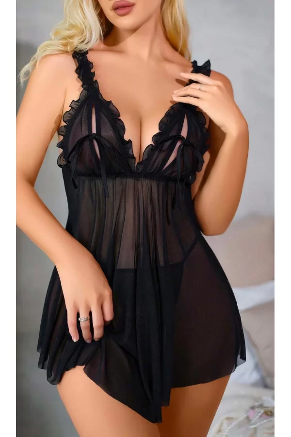 Luz&Pos Arias Closet Siyah Fırfırlı Göğüs Dekolteli Transparan Fantezi Tül Gecelik