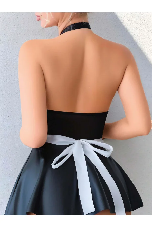 Luz&Pos Arias Closet Siyah Göğüs Dekolteli Boyundan Bağlamalı Mini Etekli Fantezi Deri Hizmetçi Kostümü