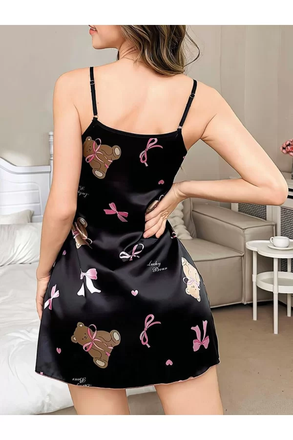 Luz&Pos Arias Closet Siyah İnce Askılı Ayıcık Desenli Saten Mini Gecelik