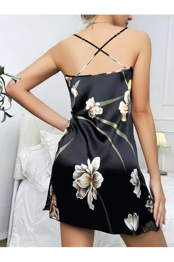 Luz&Pos Arias Closet Siyah İnce Askılı Çiçek Desenli Saten Gecelik