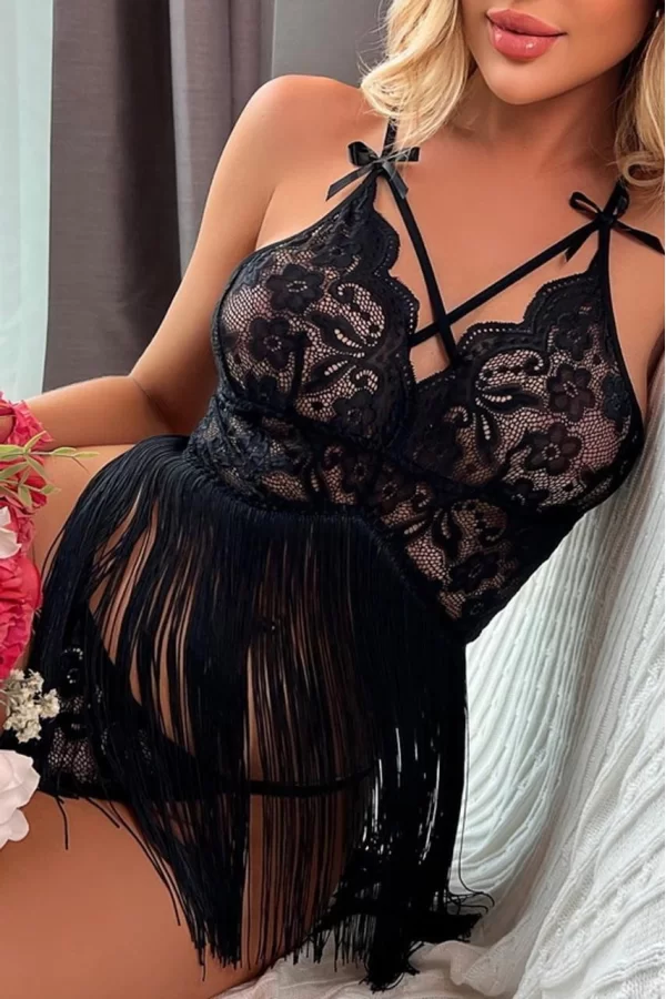 Luz&Pos Arias Closet Siyah Püsküllü Dantel Detaylı Fantezi Gecelik