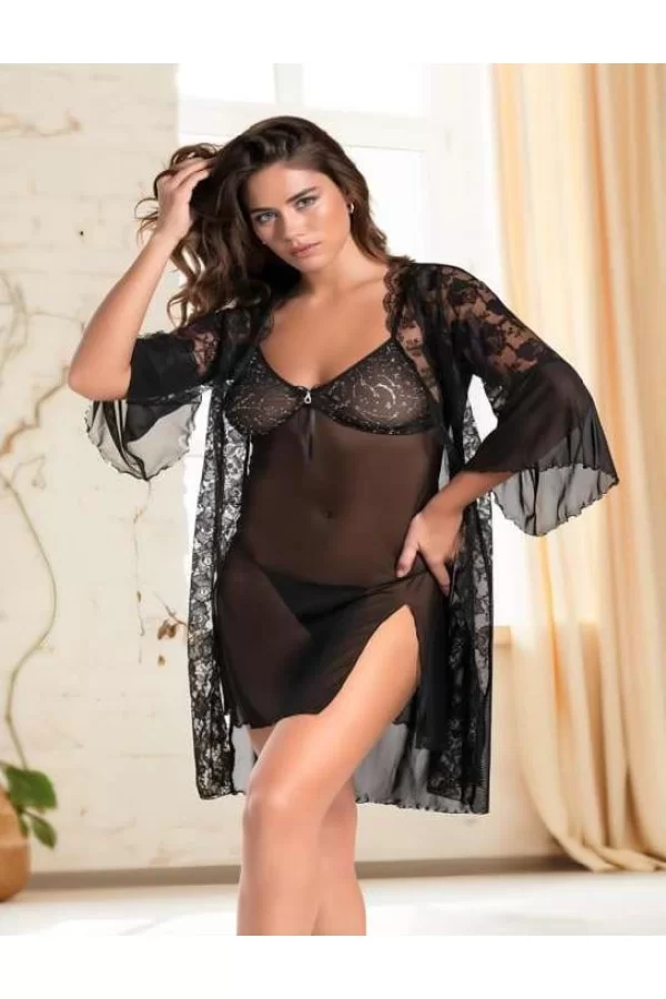 Luz&Pos Arias Closet Siyah Transparan Dantel İşlemeli Yırtmaçlı 2li Tül Gecelik Takımı
