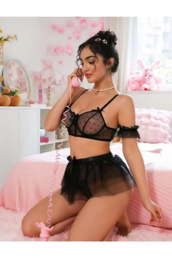 Luz&Pos Arias Closet Siyah Transparan Fantezi Etekli Puantiyeli Sütyen Takım