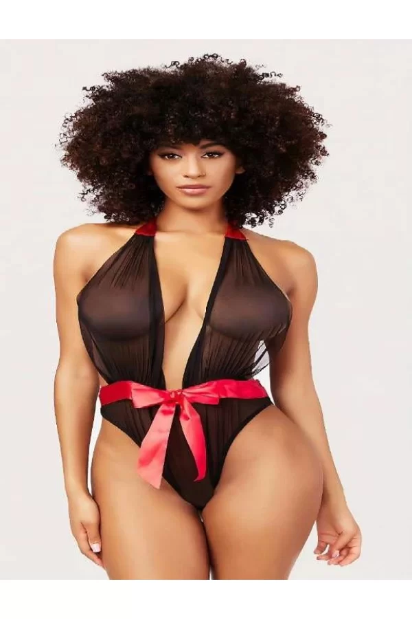 Luz&Pos Arias Closet Siyah Transparan Tül Kırmızı Kurdelalı Fantezi Babydoll
