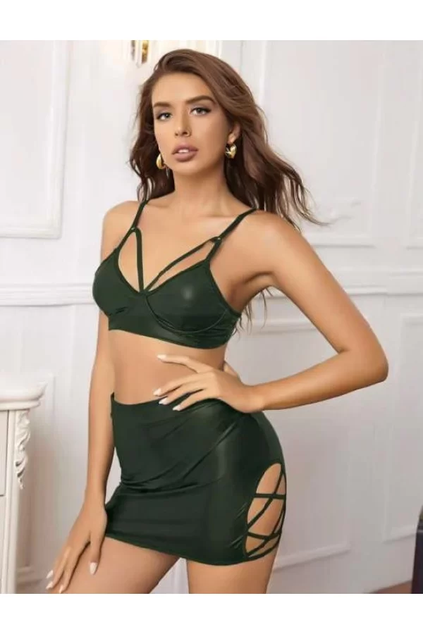 Luz&Pos Arias Closet Siyah Yırtmaç Etekli Fantezi Deri Mini Elbise