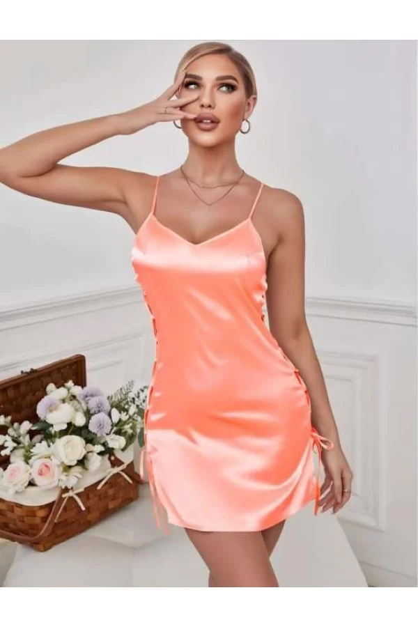 Luz&Pos Arias Closet Somon Yanları İp Detay İnce Askılı Saten Kısa Fantezi Gecelik