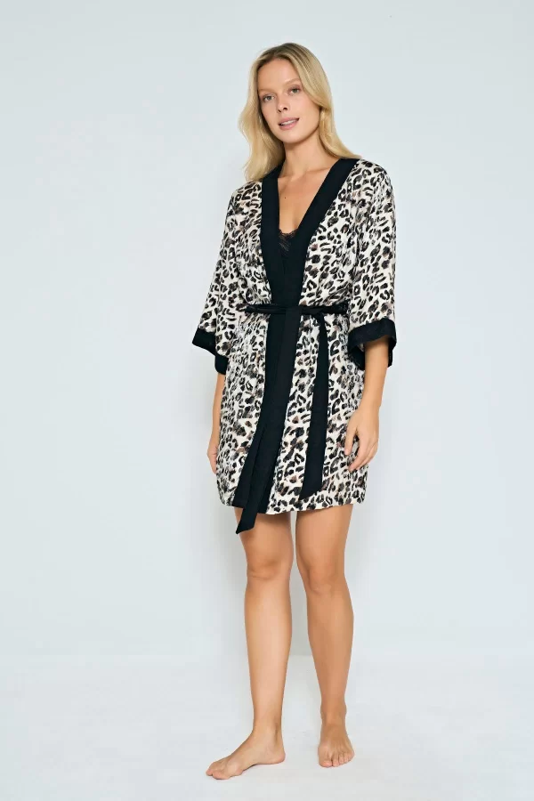 Luz&Pos Arias Closet Viskon Leopar Desenli Sabahlıklı Gecelik Takımı
