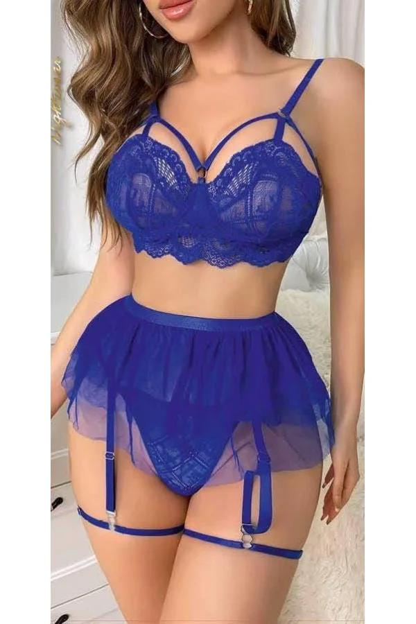 Mavi Bel Tüllü Kadın Seksi Fantazi Jartiyer Takım 2092