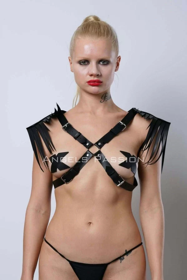 Omuzdan Püsküllü Göğüs Harness, Deri Püsküllü Omuz Harness - Brf1240