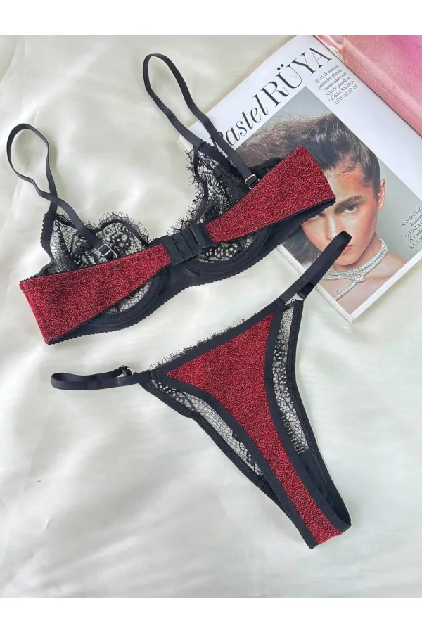 Özel Tasarım Dantel İşlemeli  Bordo Desteksiz Bralet Takımı