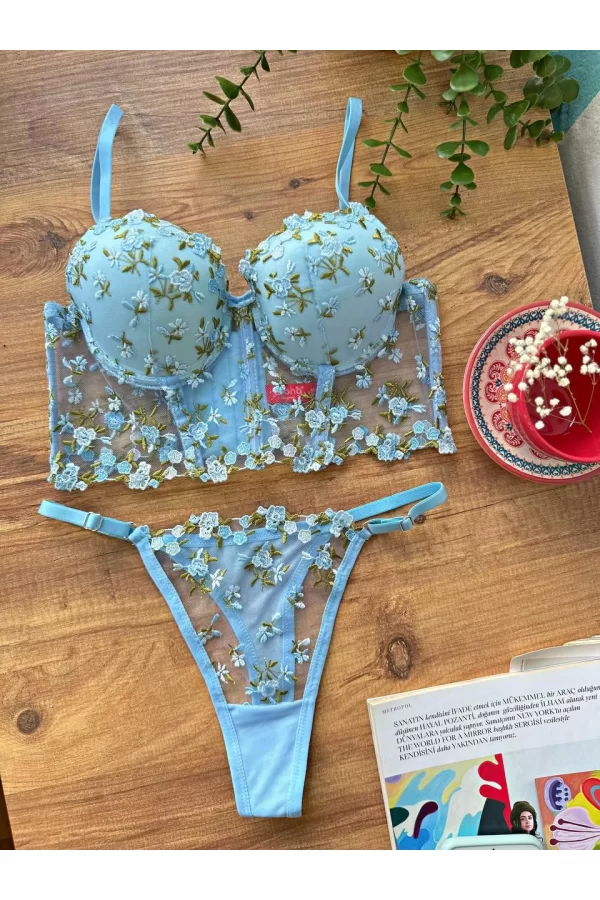 Özel Tasarım Mavi Dantel İşlemeli Çiçek Desenli Destekli Bralet Takımı