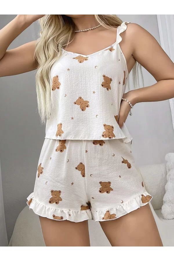 Pamuklu Ayıcık Desen Fırfırlı Askılı Şortlu Pijama Takımı