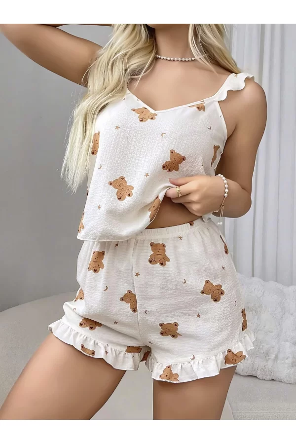 Pamuklu Ayıcık Desen Fırfırlı Askılı Şortlu Pijama Takımı
