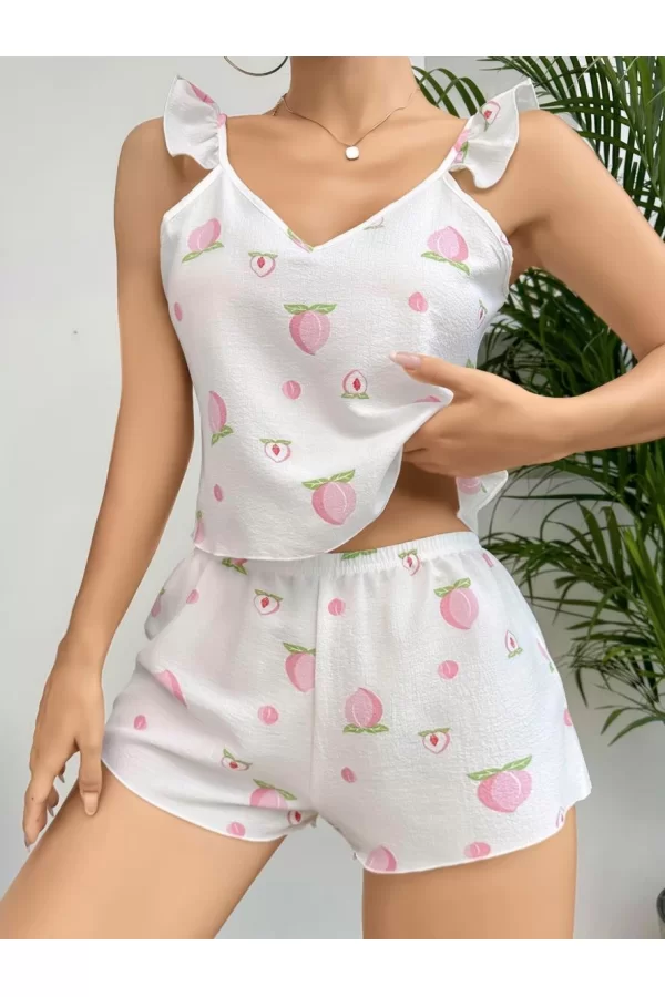 Pamuklu Beyaz Üstüne Çiçek Desen Fırfır Askılı Şortlu Pijama Takımı