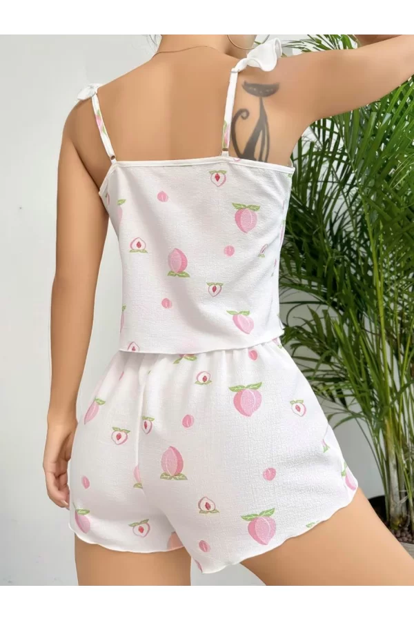 Pamuklu Beyaz Üstüne Çiçek Desen Fırfır Askılı Şortlu Pijama Takımı
