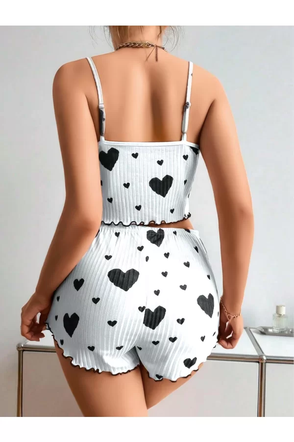 Pamuklu Beyaz Üstüne Siyah Kalp Desen Fitilli Askılı Şortlu Pijama Takımı
