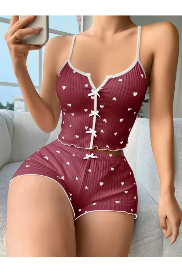 Pamuklu Kahverengi Üstüne Beyaz Kalp Desen Fitilli Askılı Şortlu Pijama Takımı