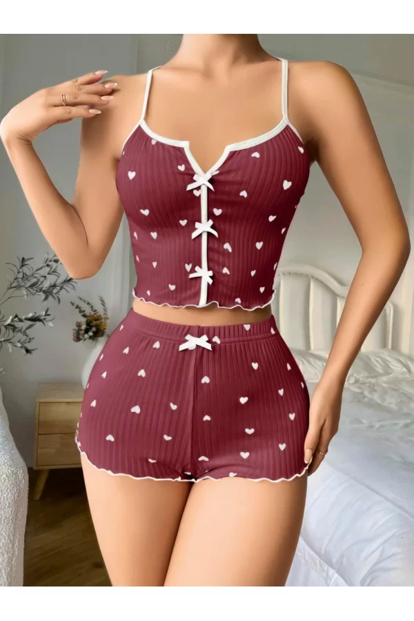 Pamuklu Kahverengi Üstüne Beyaz Kalp Desen Fitilli Askılı Şortlu Pijama Takımı