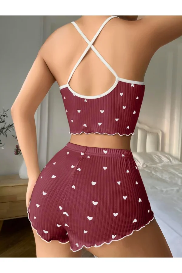 Pamuklu Kahverengi Üstüne Beyaz Kalp Desen Fitilli Askılı Şortlu Pijama Takımı