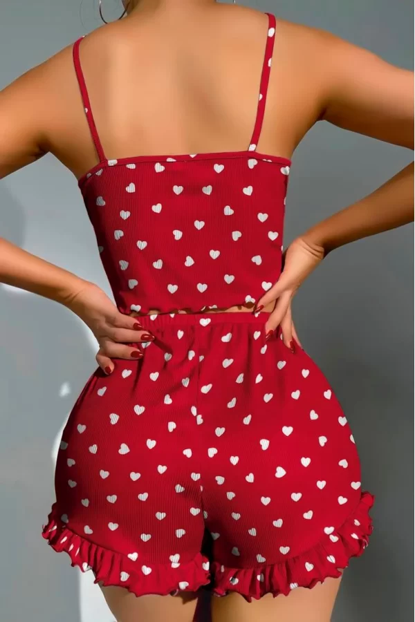 Pamuklu Kırmızı Üstüne Beyaz Kalp Desen Fitilli Askılı Şortlu Pijama Takımı