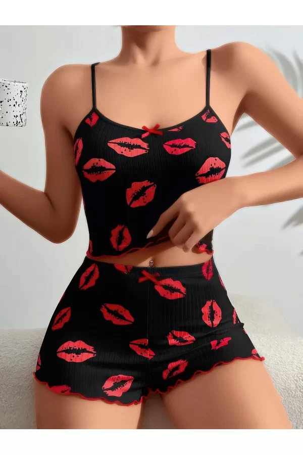 Pamuklu Kiss Öpücük Desen Siyah Fitilli Şortlu Pijama Takımı