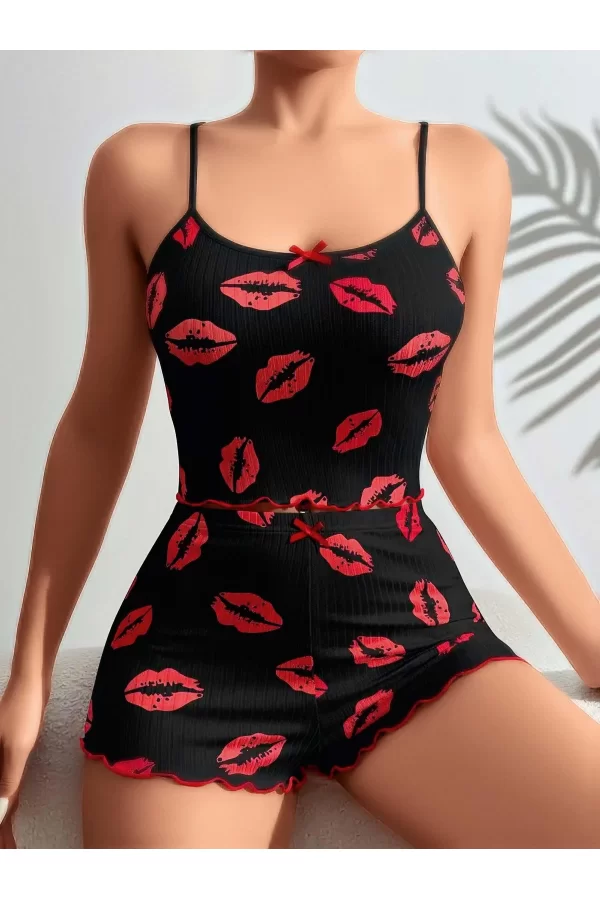 Pamuklu Kiss Öpücük Desen Siyah Fitilli Şortlu Pijama Takımı