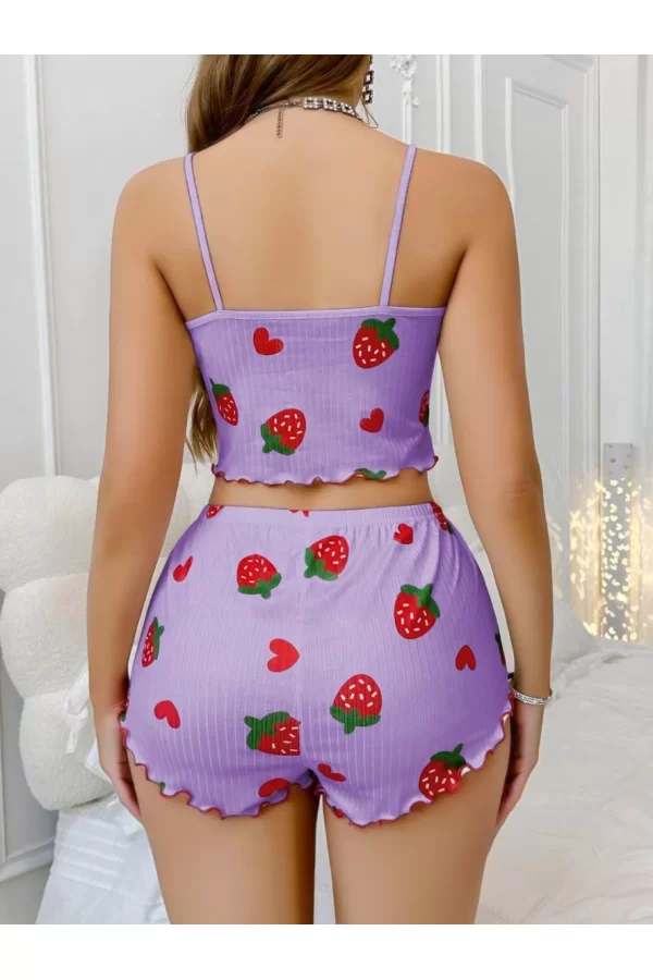 Pamuklu Lila Üstüne Çilek Desen Fitilli Askılı Şortlu Pijama Takımı