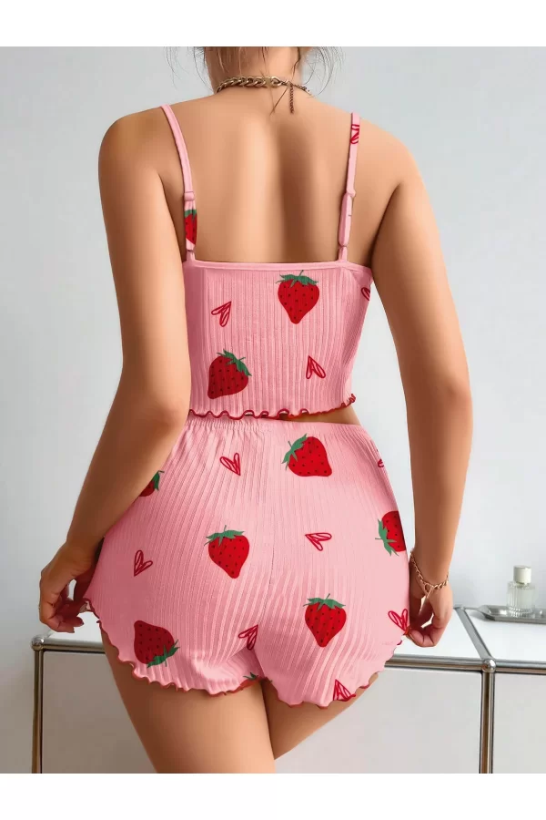 Pamuklu Pembe Üstüne Çilek Desen Fitilli Askılı Şortlu Pijama Takımı