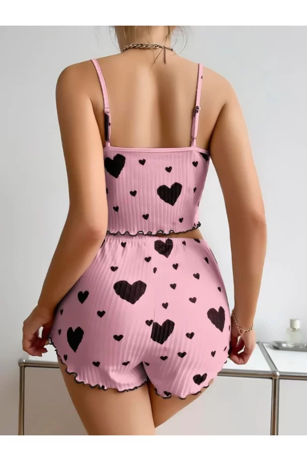 Pamuklu Pembe Üstüne Siyah Kalp Desenli Askılı Fitilli Şortlu Pijama Takımı