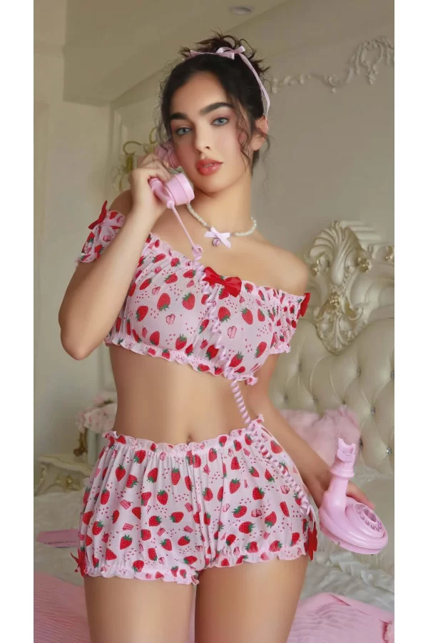 Pembe Çilek Desenli Şortlu Fantezi Sütyen Takımı