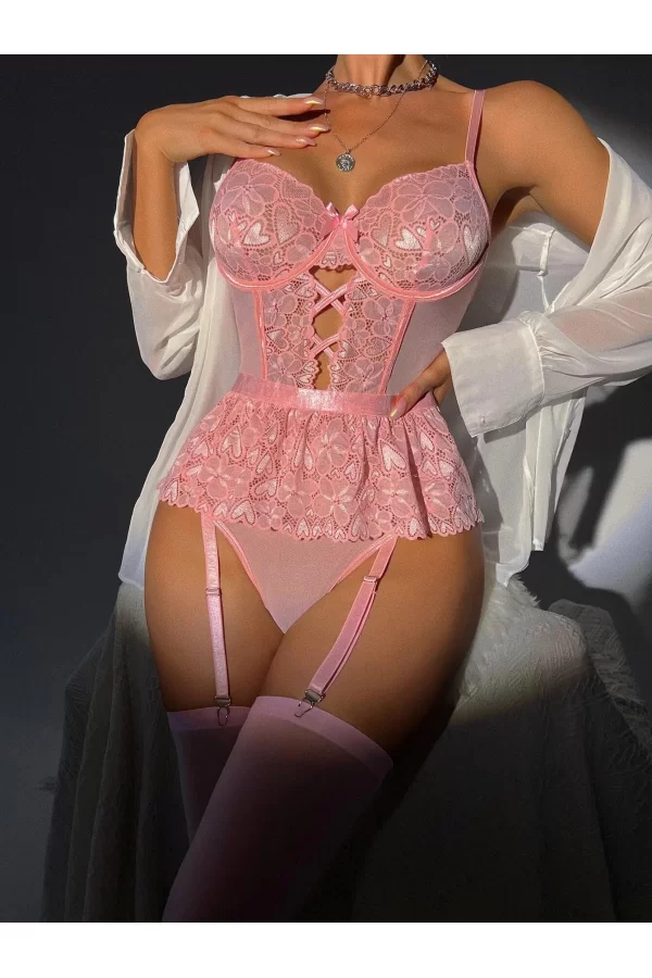 Pembe Dantel İşlemeli Kalp Desenli Fantezi Jartiyer Takımı