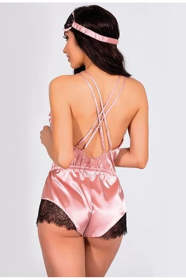 Pembe Dantelli Sırtı Çapraz Saten Şort Tulum