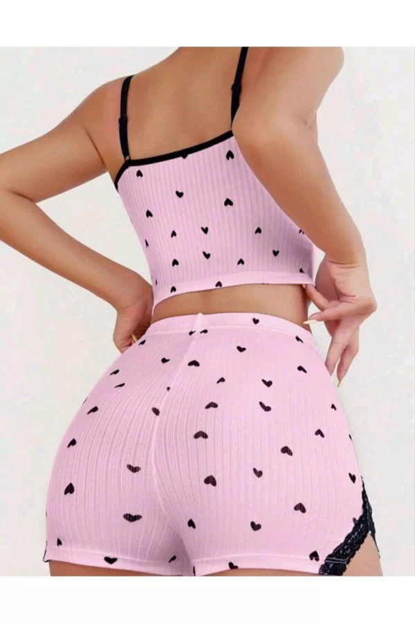 Pembe Kalp Desenli Askılı Şortlu Pijama Takım