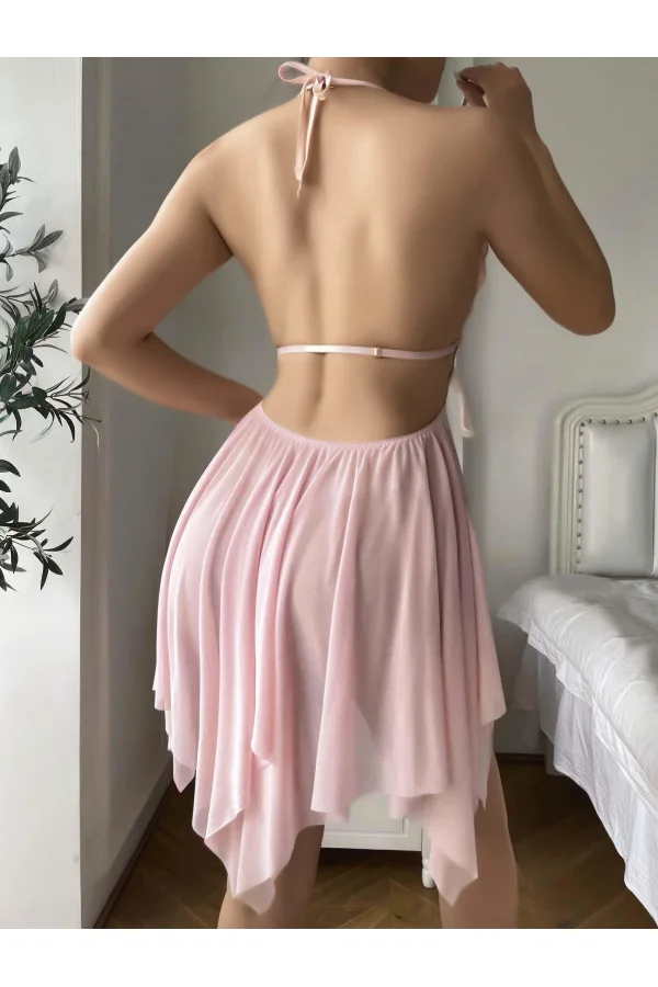 Pembe Kelebek İşlemeli Tül Fantezi Gecelik