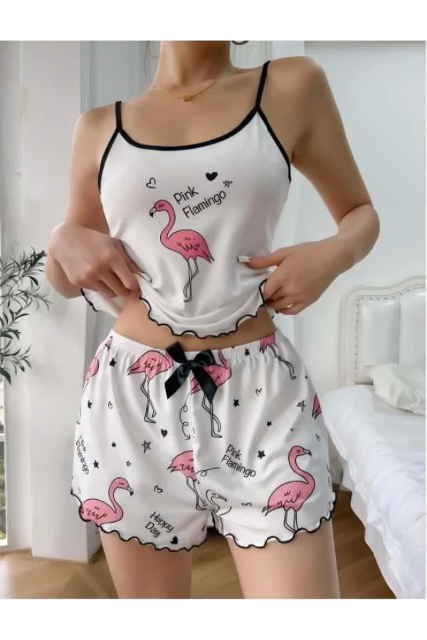 Pink Flamingo Desenli Askılı Şortlu Pijama Takımı
