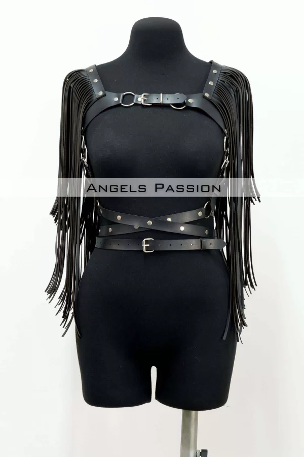 Püskül Detaylı Deri Göğüs Harness, Deri Harness Püsküllü Ceket - Brf999