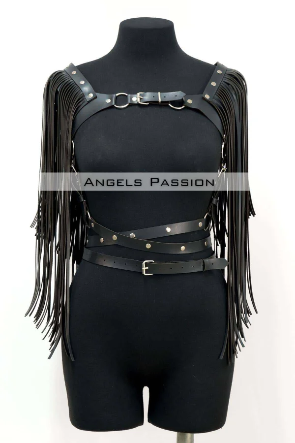 Püskül Detaylı Deri Göğüs Harness, Deri Harness Püsküllü Ceket - Brf999